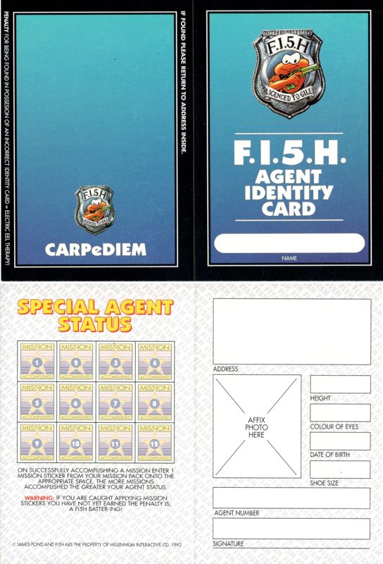 Extras for James Pond 3 (Amiga) (Amiga 1200 version): F.I.5.H. Agent Identity Card - Front/Back