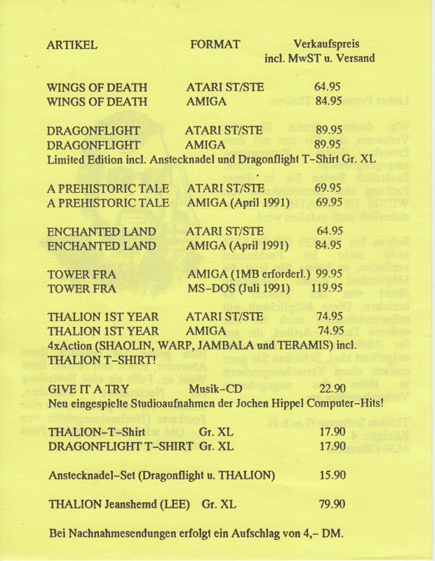Extras for A Prehistoric Tale (Atari ST): Thalion order list