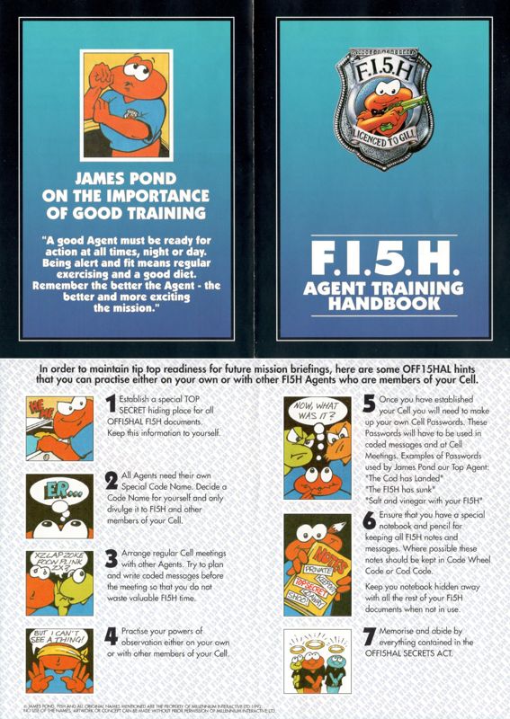 Extras for James Pond 3 (Amiga) (Amiga 1200 version): F.I.5.H. Agent Training Handbook - Front/Back