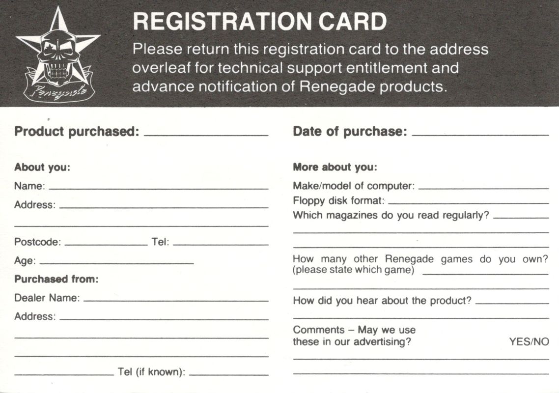 Extras for Fire & Ice (Amiga): Registration Card - Front