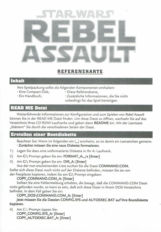 Reference Card for Star Wars: Rebel Assault (DOS): Front