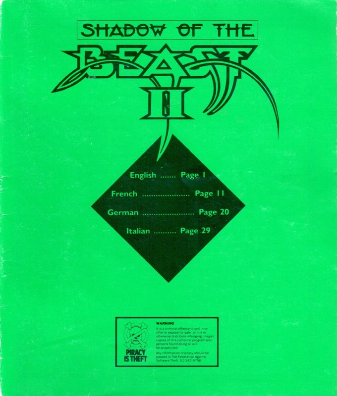 Manual for Shadow of the Beast II (Amiga) (with free t-shirt enclosed.)