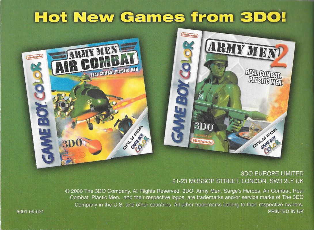 Manual for Army Men: Sarge's Heroes 2 (Game Boy Color): Back