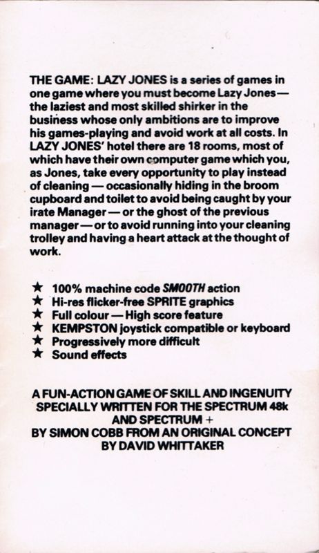 Inside Cover for Lazy Jones (ZX Spectrum)
