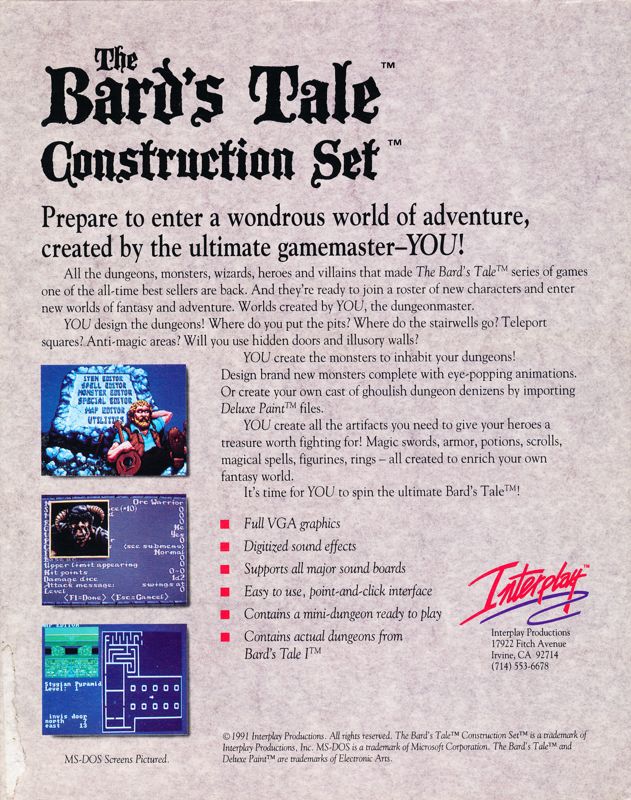 Back Cover for The Bard's Tale Construction Set (DOS)