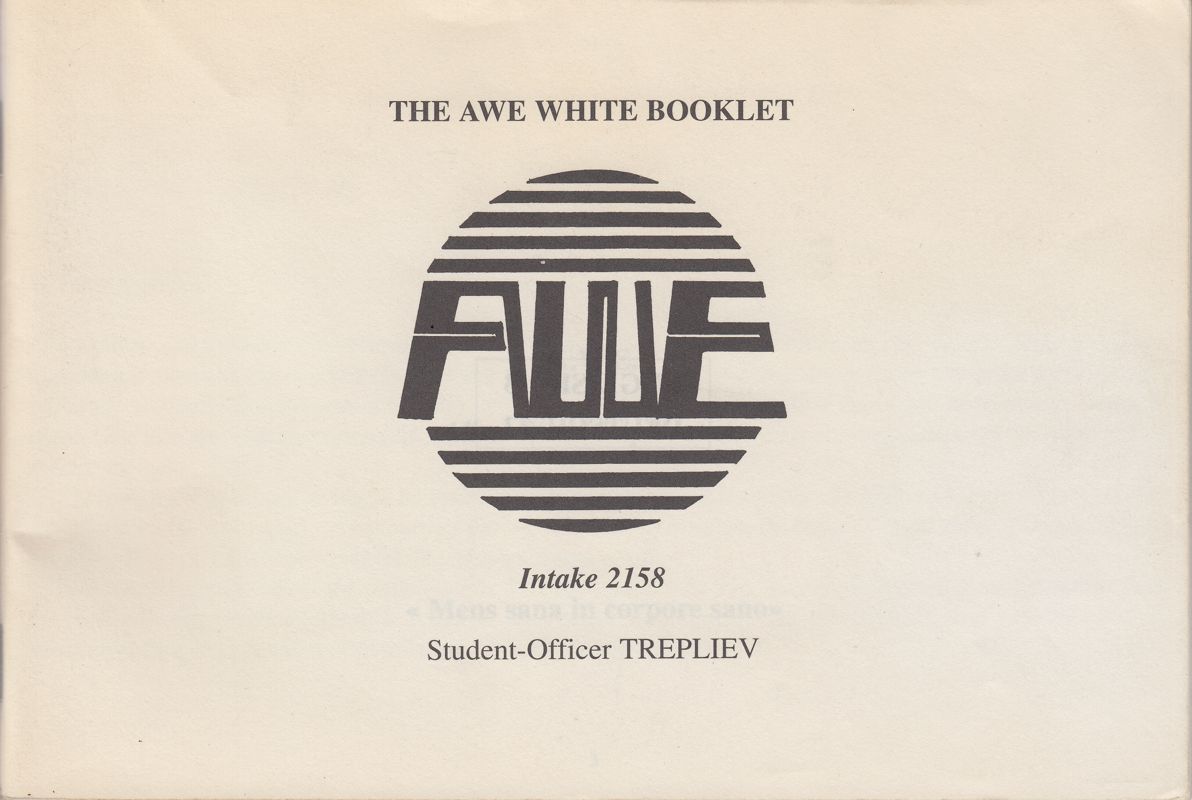Manual for Robinson's Requiem (Atari ST) (Atari Falcon Disk version): "The Awe White Booklet" front