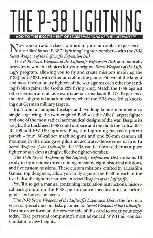 Advertisement for Secret Weapons of the Luftwaffe (DOS) (5.25 disk release (alternate sticker)): Expansion Offer - Front