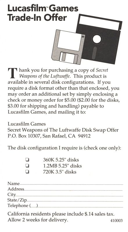 Extras for Secret Weapons of the Luftwaffe (DOS) (5.25 disk release (alternate sticker)): Disk Exchange