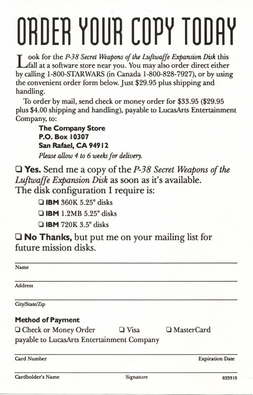 Advertisement for Secret Weapons of the Luftwaffe (DOS) (5.25 disk release (alternate sticker)): Expansion Offer - Back