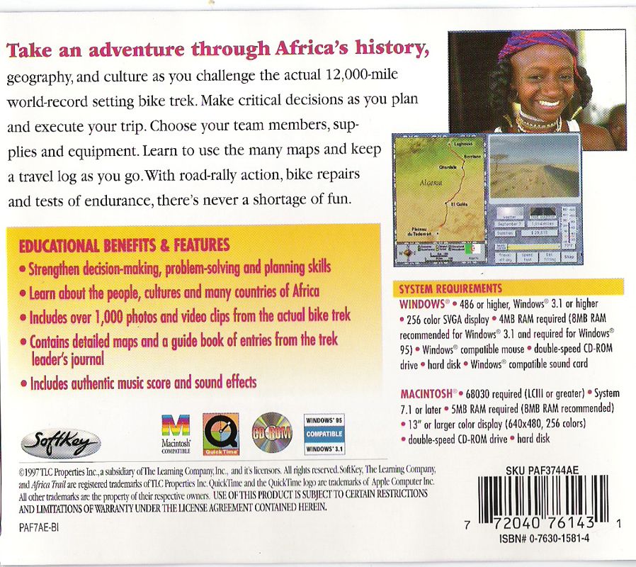 Back Cover for Africa Trail (Macintosh and Windows and Windows 3.x)