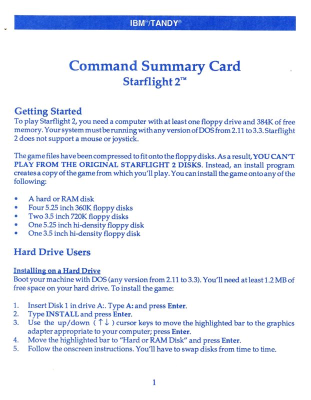Reference Card for Starflight 2: Trade Routes of the Cloud Nebula (DOS): Command Summary Card - Front
