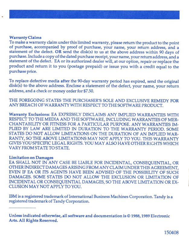 Reference Card for Starflight 2: Trade Routes of the Cloud Nebula (DOS): Command Summary Card - Back
