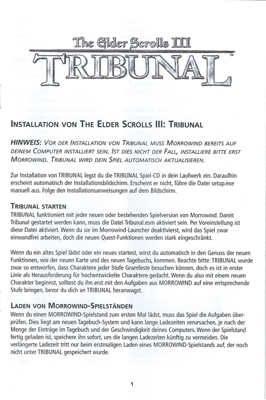 Manual for The Elder Scrolls III: Tribunal (Windows): Front