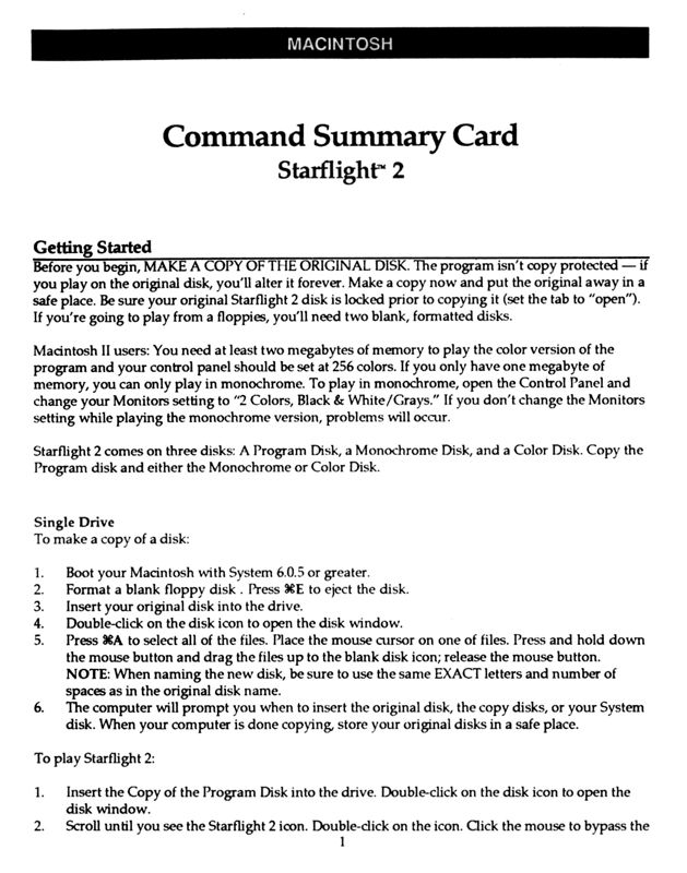 Reference Card for Starflight 2: Trade Routes of the Cloud Nebula (Macintosh): Command Summary - Front