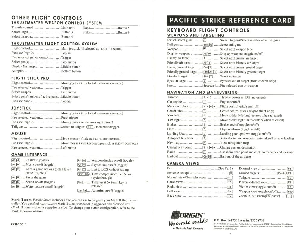 Reference Card for Pacific Strike (DOS): Front