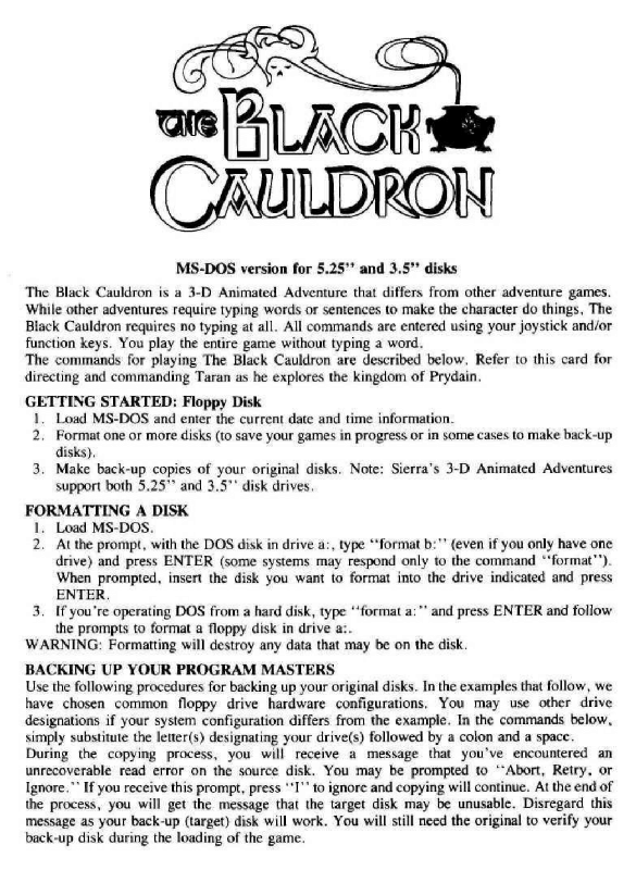 Extras for The Black Cauldron (DOS) (Version 2.10): Reference Card - Front