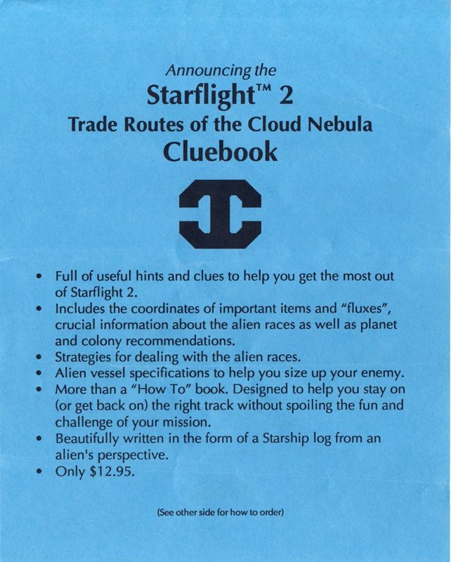 Advertisement for Starflight 2: Trade Routes of the Cloud Nebula (DOS): Starflight 2 Cluebook - Front