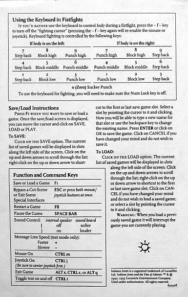 Reference Card for Indiana Jones and the Fate of Atlantis (Linux and Macintosh and Windows) (GOG release): Back