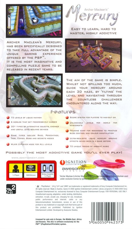 Back Cover for Archer Maclean's Mercury (PSP)