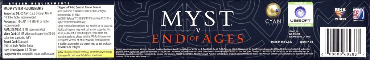 Spine/Sides for Myst V: End of Ages (Limited Edition) (Macintosh) (Mac only release): Bottom