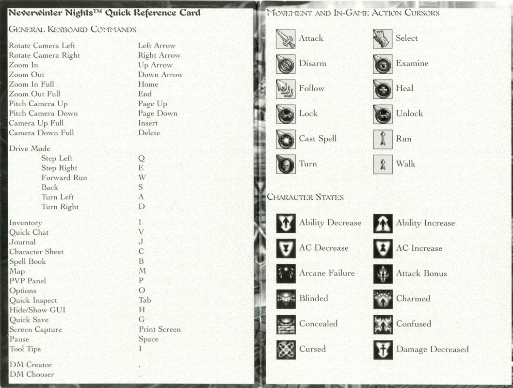 Reference Card for Neverwinter Nights (Windows): Front