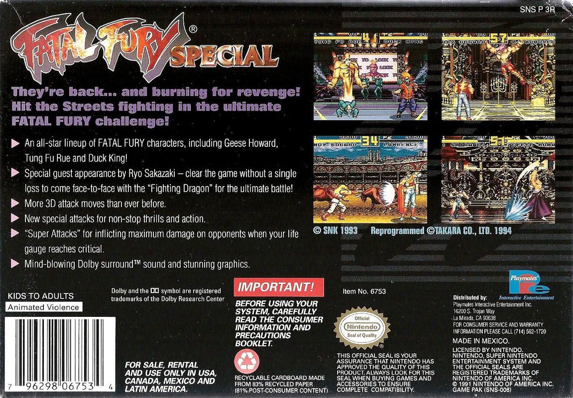 Back Cover for Fatal Fury Special (SNES)