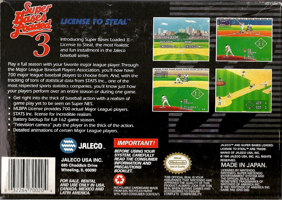 Back Cover for Super Bases Loaded 3: License to Steal (SNES)