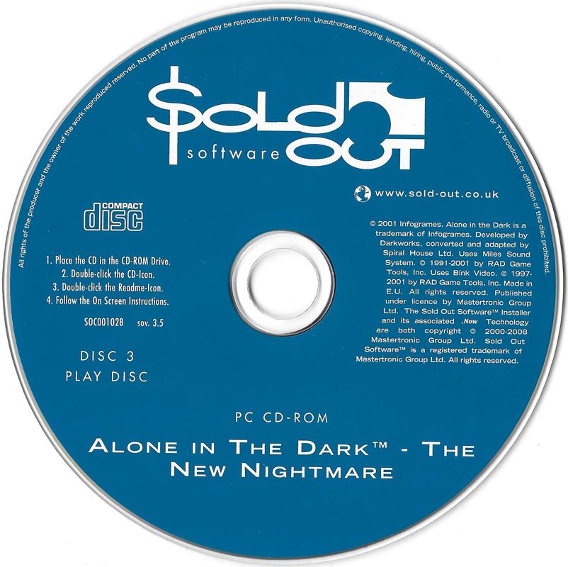 Media for Alone in the Dark: The New Nightmare (Windows) (Sold Out Software release): Disc 3/3