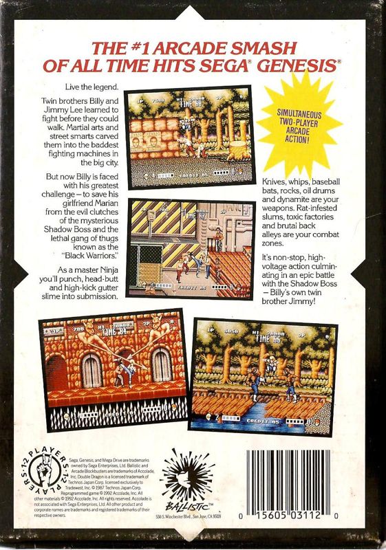 Back Cover for Double Dragon (Genesis)