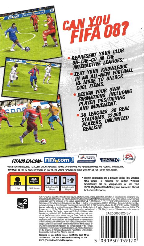 Back Cover for FIFA Soccer 08 (PSP)