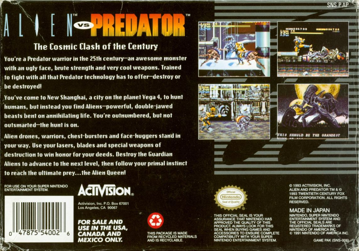 Back Cover for Alien Vs Predator (SNES)