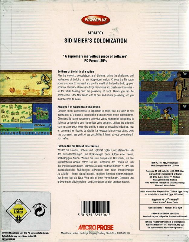 Back Cover for Sid Meier's Colonization (DOS) (Powerplus release (German Edition))