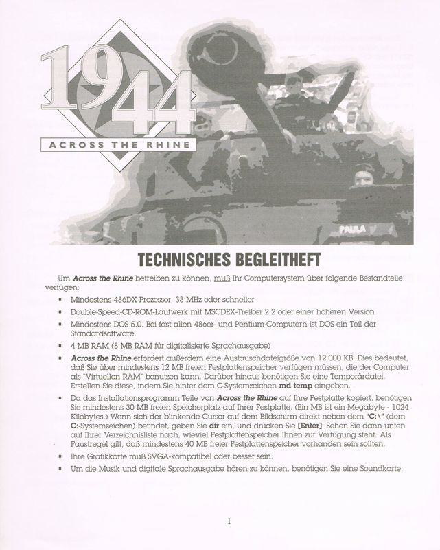 Extras for Across the Rhine (DOS) (Complete German version): Install Instructions - Front