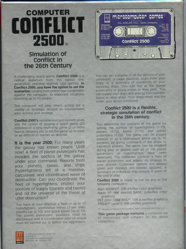 Back Cover for Conflict 2500 (Apple II and Atari 8-bit and Commodore PET/CBM and TRS-80)