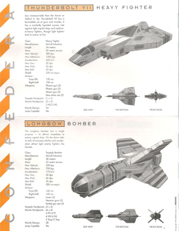 Extras for Wing Commander III: Heart of the Tiger (DOS) (cd rom Classics release): Thunderbolt VII Heavy Fighter / Longbow Bomber Specs