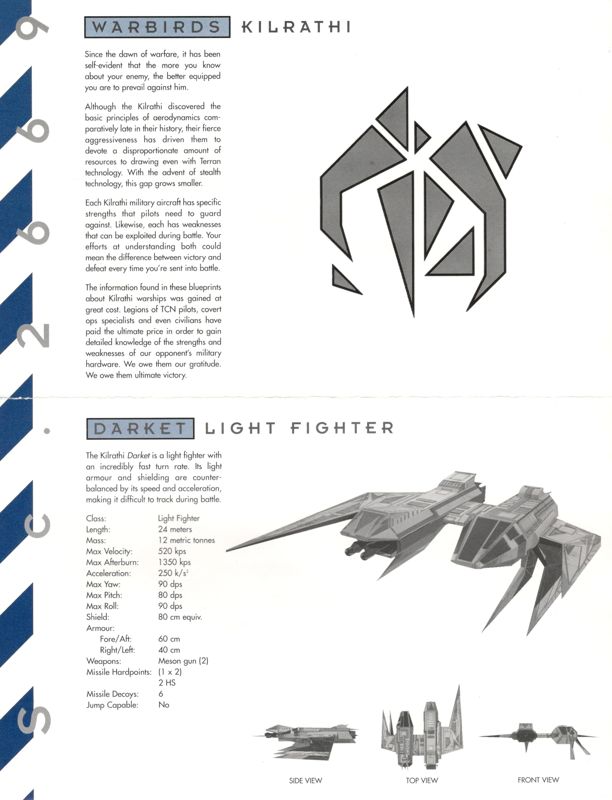 Extras for Wing Commander III: Heart of the Tiger (DOS) (cd rom Classics release): Kilrathi Warbirds / Darket Light Fighter Specs