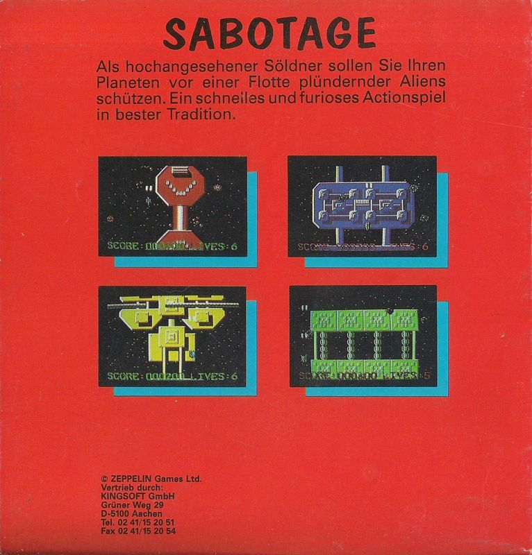 Back Cover for Sabotage (Commodore 64)