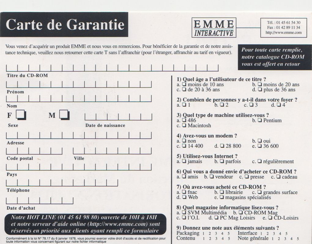 Extras for Wildlife in Danger (Macintosh and Windows): EMME Warranty Card - Back