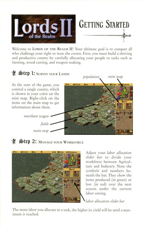 Reference Card for Lords of the Realm II (DOS and Windows): Getting Started - Front