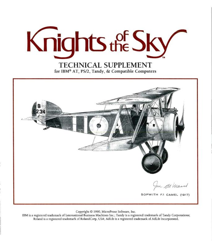 Reference Card for Knights of the Sky (DOS): Technical Supplement - Front