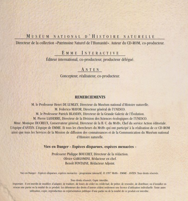 Manual for Wildlife in Danger (Macintosh and Windows): 4-page Reference Disc - Back