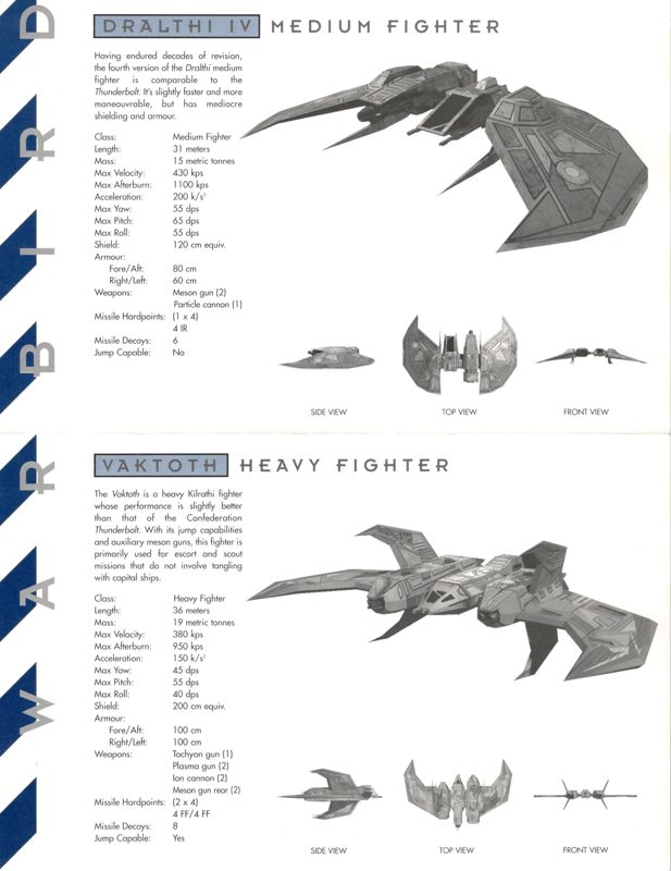 Extras for Wing Commander III: Heart of the Tiger (DOS) (cd rom Classics release): Dralthi IV Medium Fighter / Vaktoth Heavy Fighter Specs