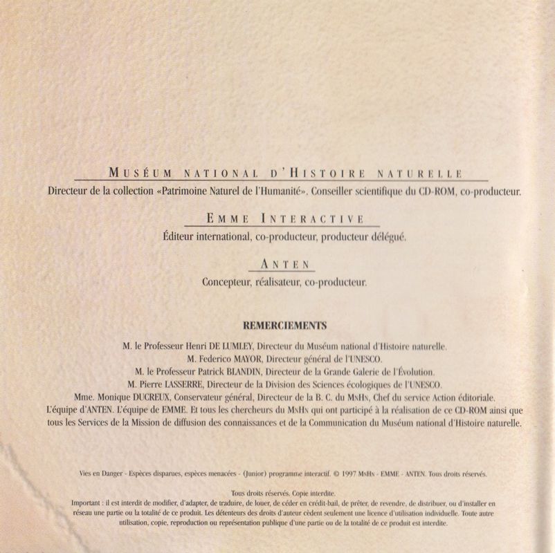Manual for Wildlife in Danger (Macintosh and Windows): 4-page Junior Disc - Back