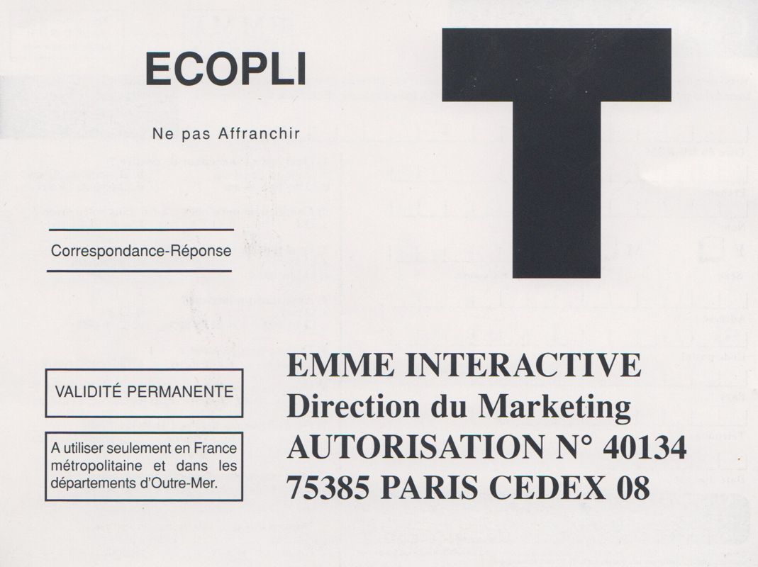 Extras for Wildlife in Danger (Macintosh and Windows): EMME Warranty Card - Front