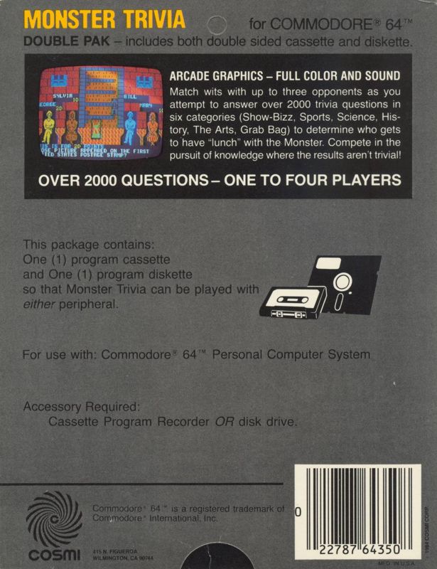 Back Cover for Monster Trivia (Commodore 64)
