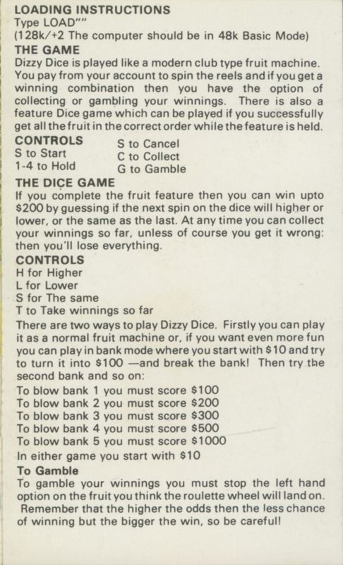 Inside Cover for Dizzy Dice (ZX Spectrum)