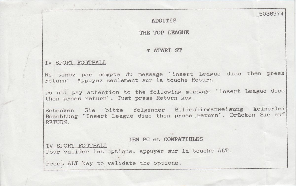 Manual for The Top League (Atari ST): Addendum