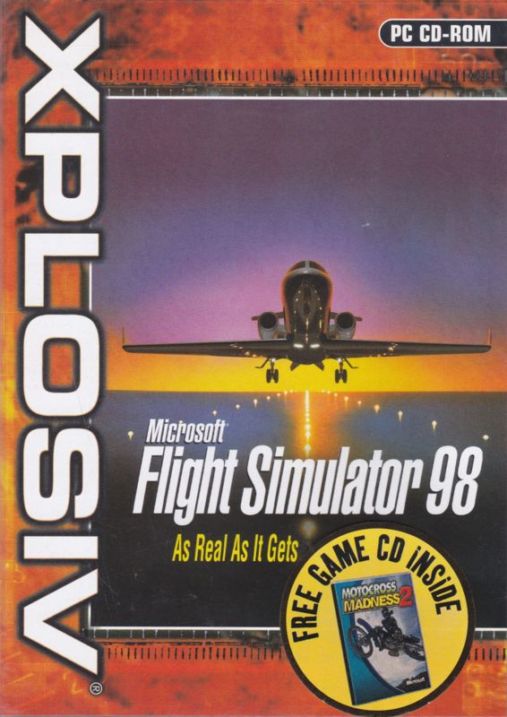 Front Cover for Microsoft Flight Simulator 98: Xplosiv release (Windows): Motocross Madness 2 is advertised by a sticker on the front of the keep case