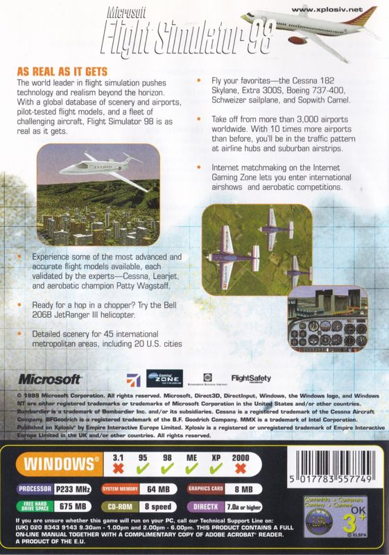 Back Cover for Microsoft Flight Simulator 98: Xplosiv release (Windows)