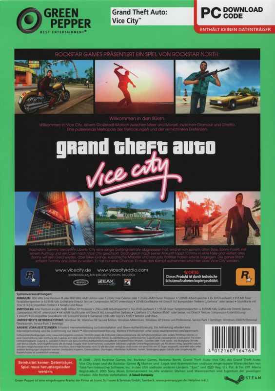 Back Cover for Grand Theft Auto: Vice City (Windows) (Green Pepper release with Steam download code only)